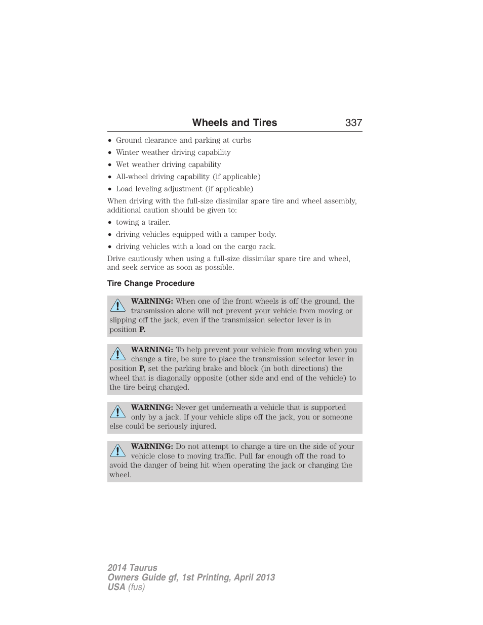 Tire change procedure, Wheels and tires 337 | FORD 2014 Taurus v.1 User Manual | Page 338 / 550