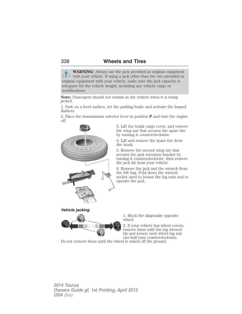 Vehicle jacking, 338 wheels and tires | FORD 2014 Taurus v.1 User Manual | Page 339 / 550