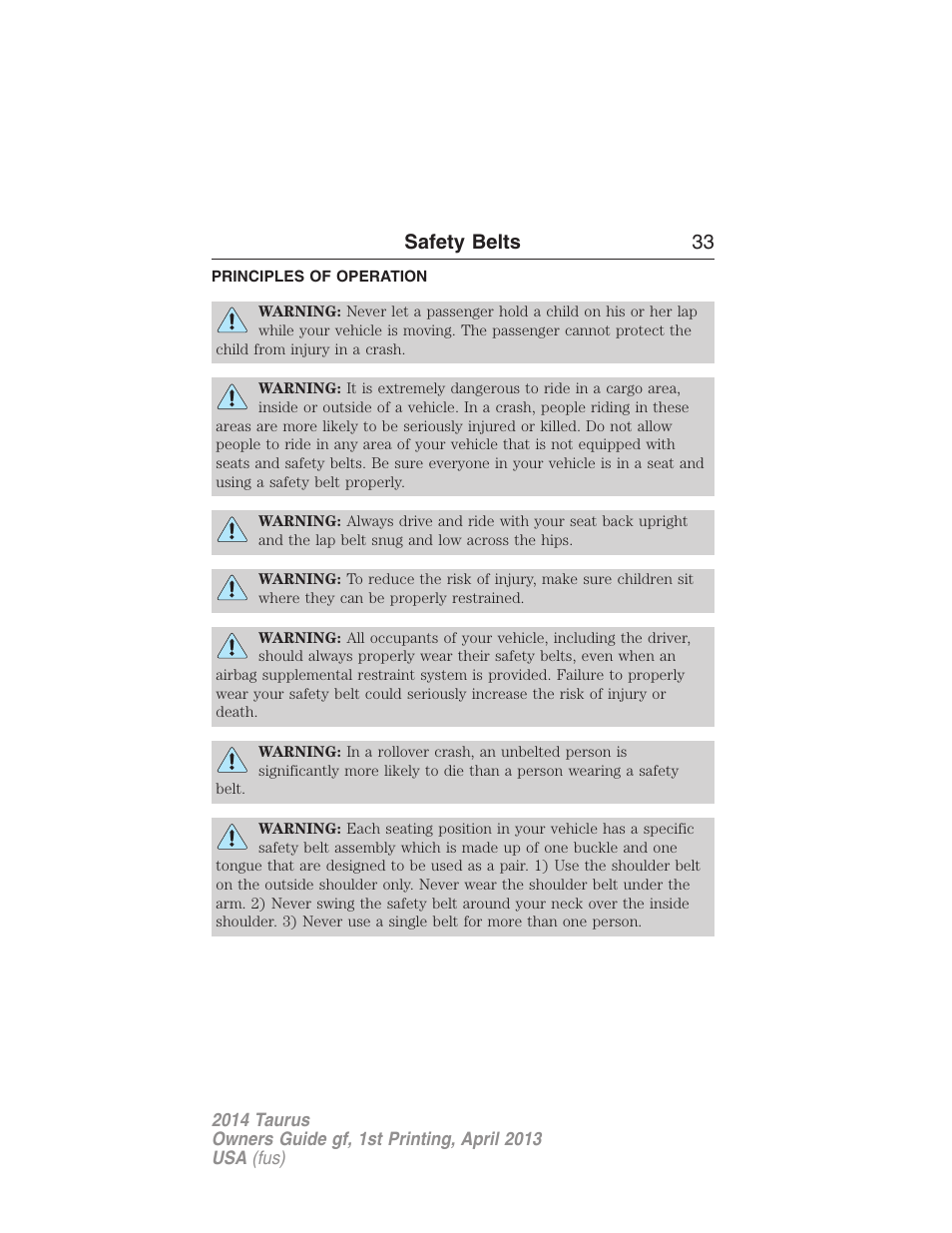 Safety belts, Principles of operation, Safety belts 33 | FORD 2014 Taurus v.1 User Manual | Page 34 / 550