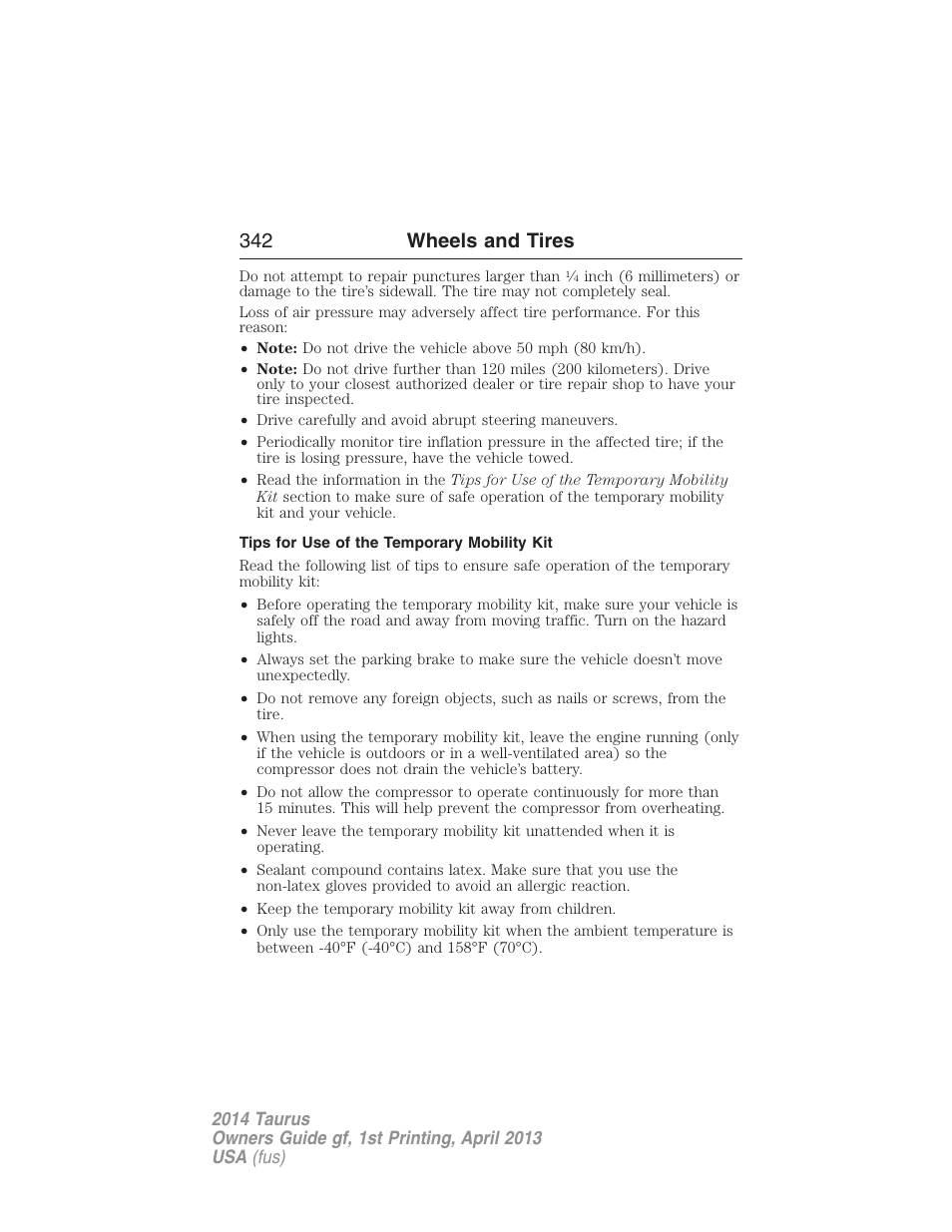 Tips for use of the temporary mobility kit, 342 wheels and tires | FORD 2014 Taurus v.1 User Manual | Page 343 / 550