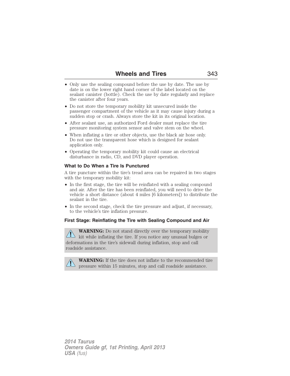 What to do when a tire is punctured, Wheels and tires 343 | FORD 2014 Taurus v.1 User Manual | Page 344 / 550