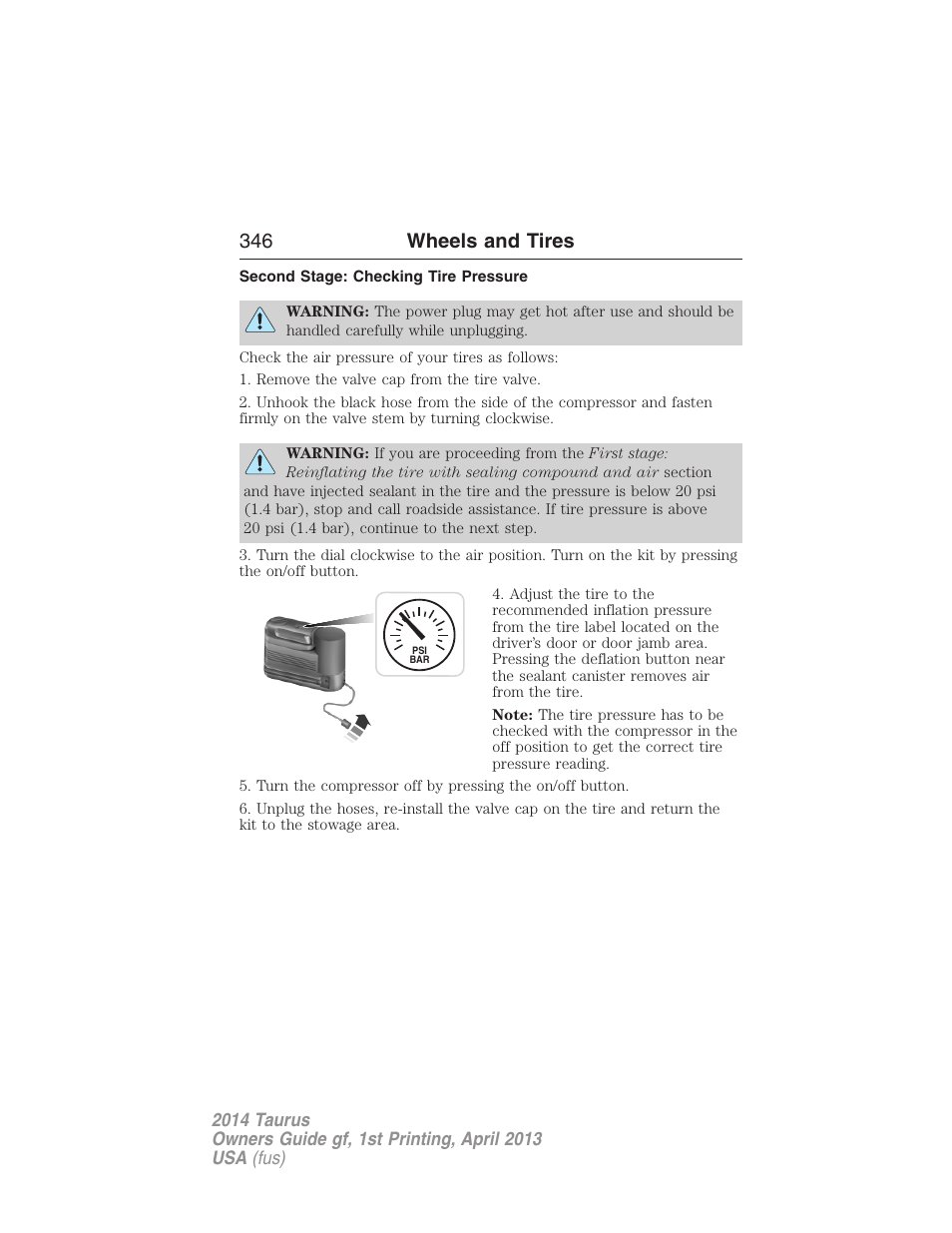 Second stage: checking tire pressure, 346 wheels and tires | FORD 2014 Taurus v.1 User Manual | Page 347 / 550