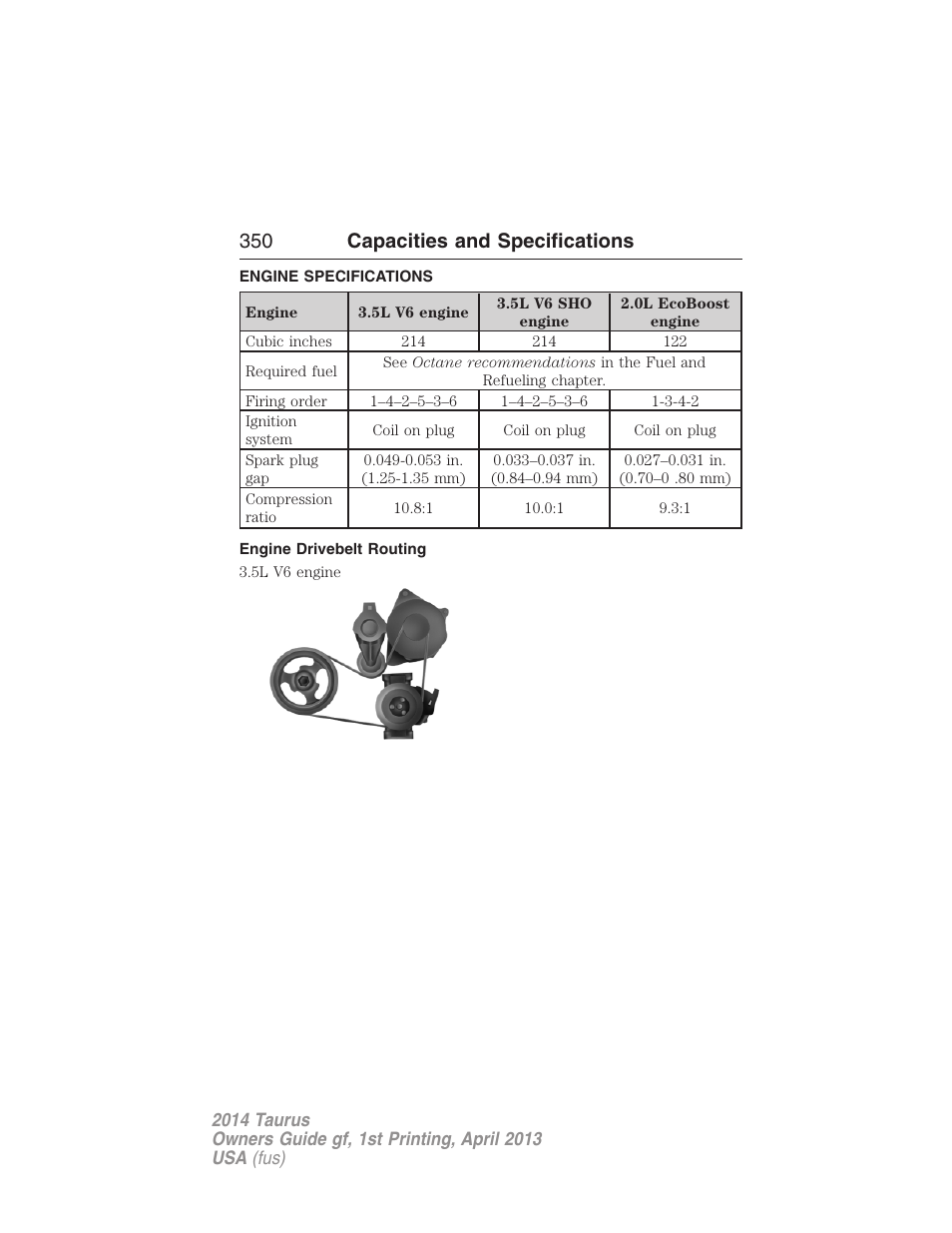 Capacities and specifications, Engine specifications, Engine drivebelt routing | 350 capacities and specifications | FORD 2014 Taurus v.1 User Manual | Page 351 / 550