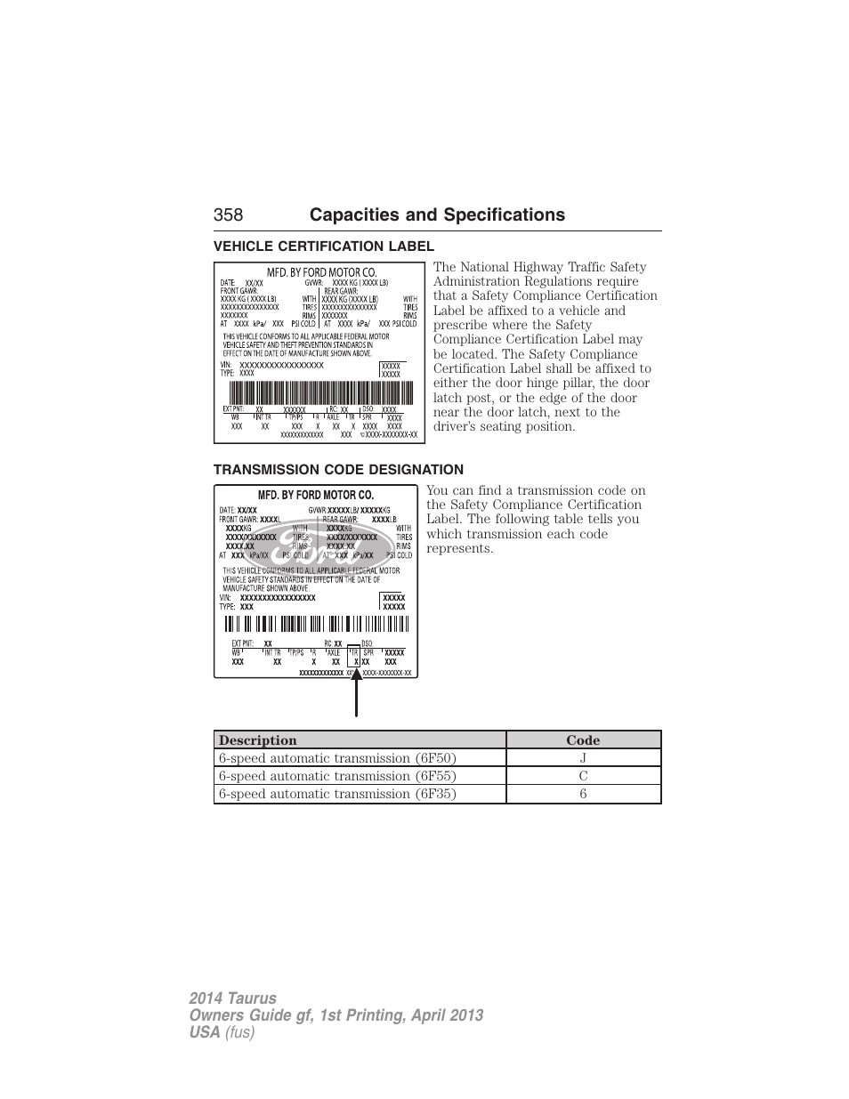 Vehicle certification label, Transmission code designation, 358 capacities and specifications | FORD 2014 Taurus v.1 User Manual | Page 359 / 550