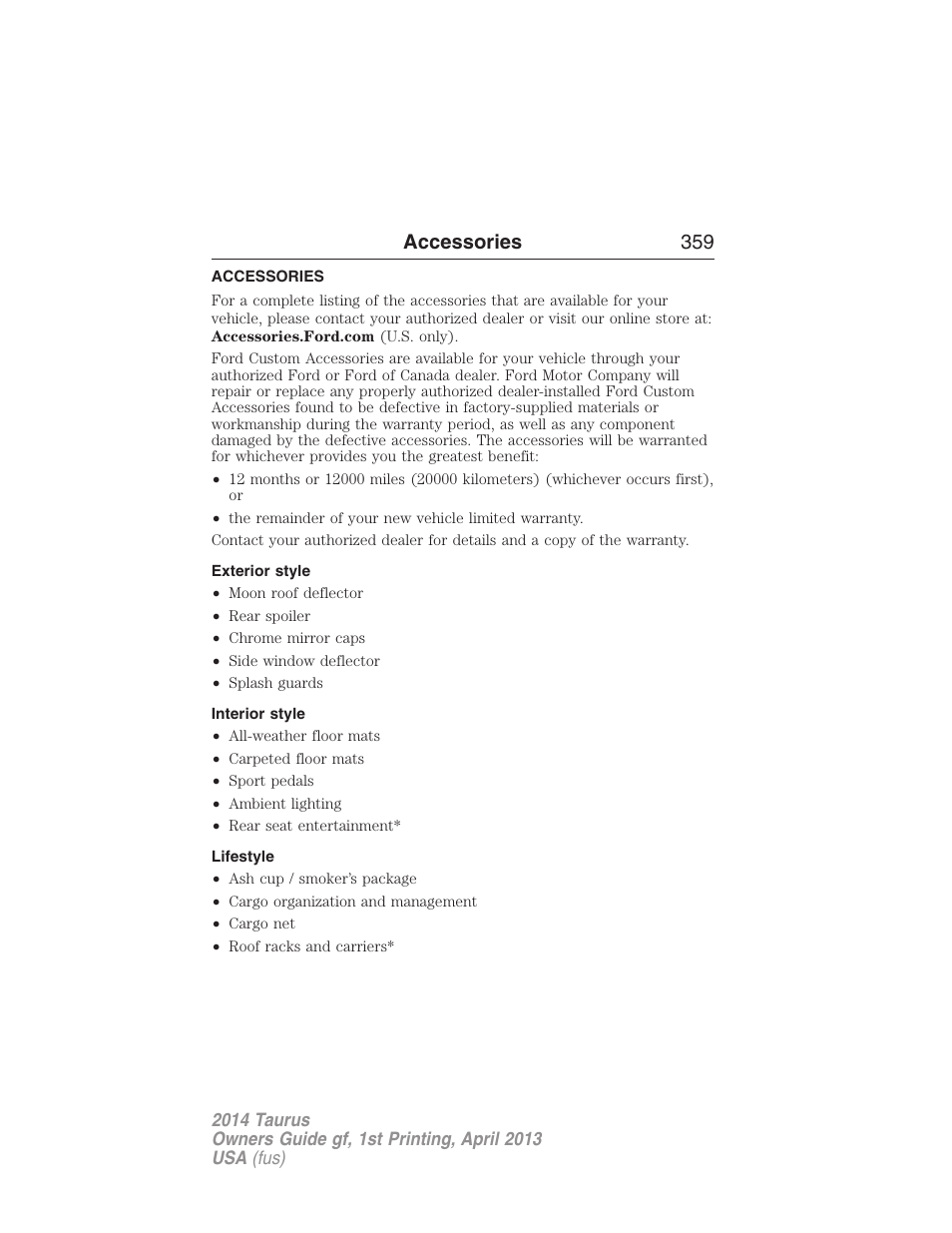 Accessories, Exterior style, Interior style | Lifestyle, Accessories 359 | FORD 2014 Taurus v.1 User Manual | Page 360 / 550