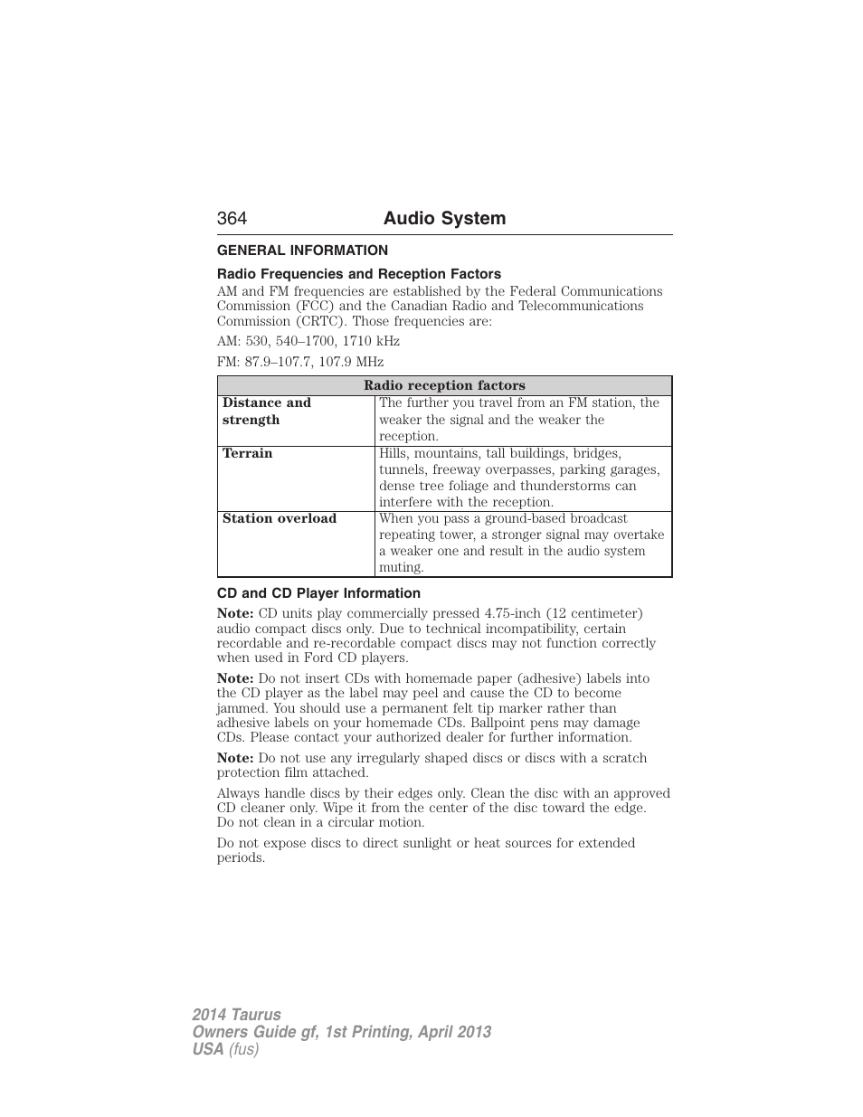 Audio system, General information, Radio frequencies and reception factors | Cd and cd player information, 364 audio system | FORD 2014 Taurus v.1 User Manual | Page 365 / 550