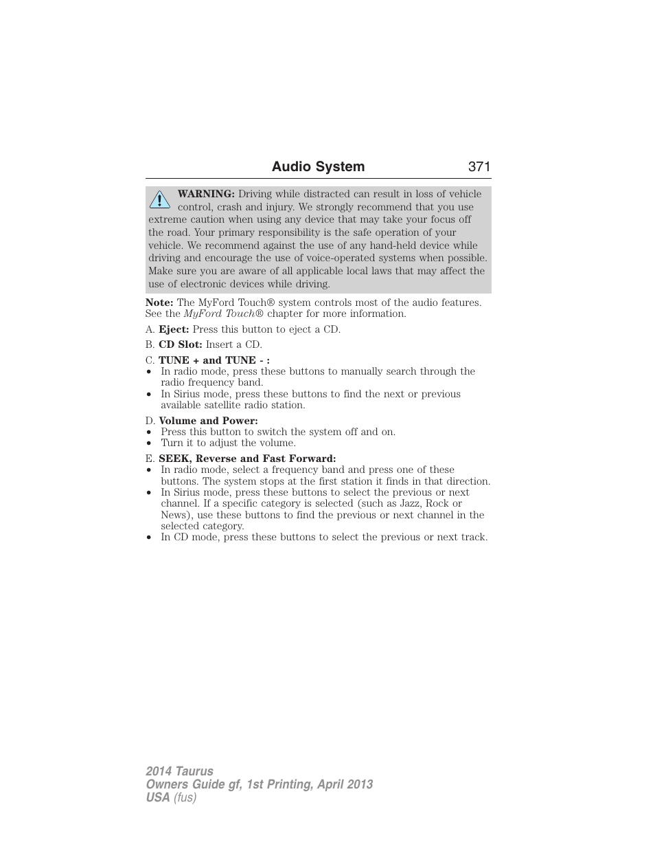 Audio system 371 | FORD 2014 Taurus v.1 User Manual | Page 372 / 550