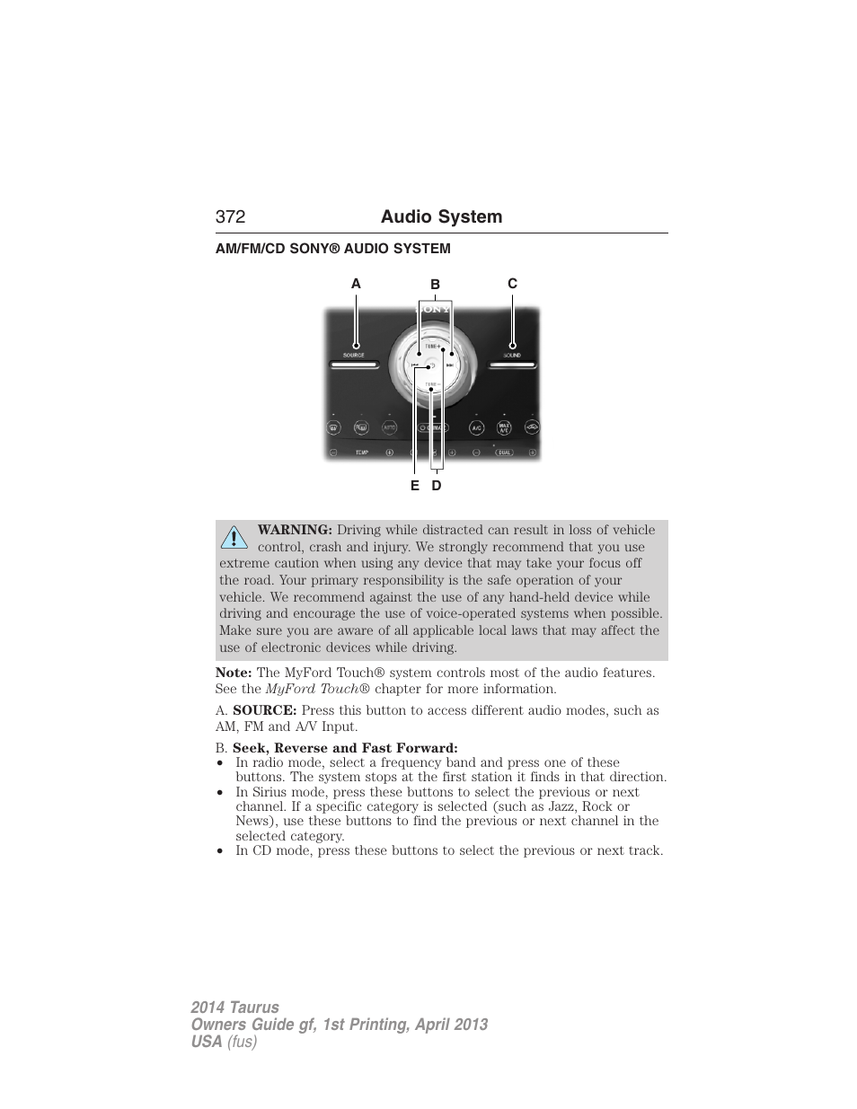 Am/fm/cd sony® audio system, 372 audio system | FORD 2014 Taurus v.1 User Manual | Page 373 / 550