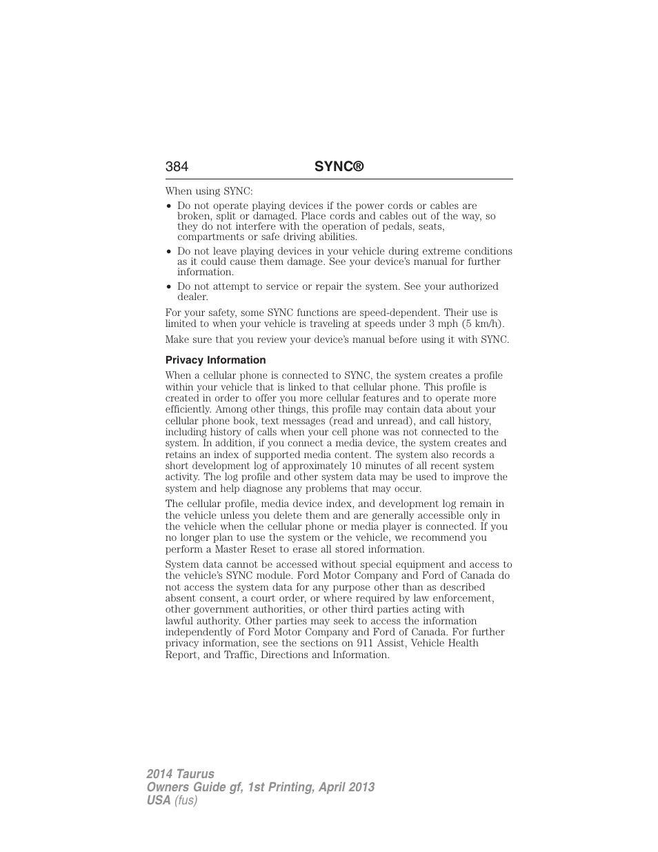 Privacy information, 384 sync | FORD 2014 Taurus v.1 User Manual | Page 385 / 550