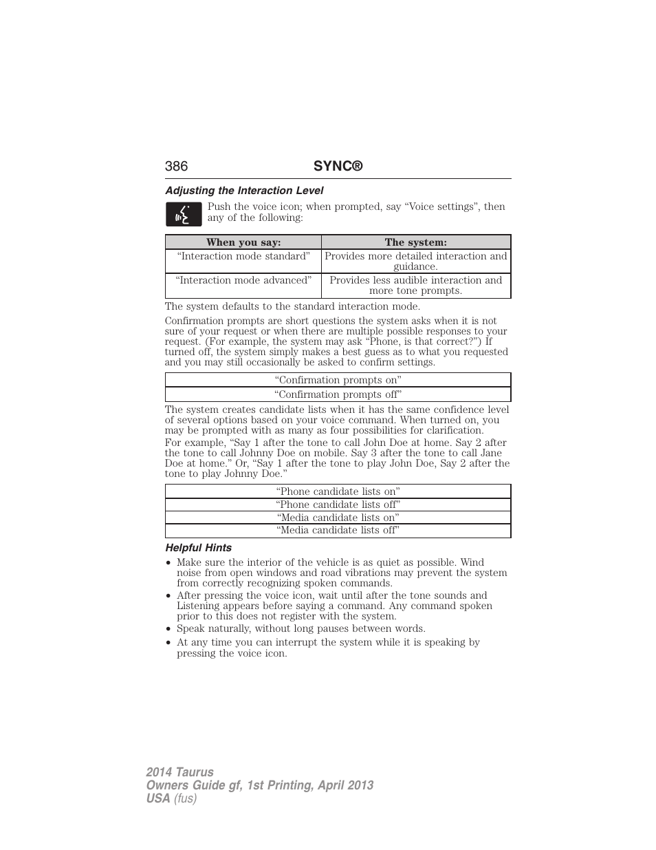 Adjusting the interaction level, Helpful hints, 386 sync | FORD 2014 Taurus v.1 User Manual | Page 387 / 550