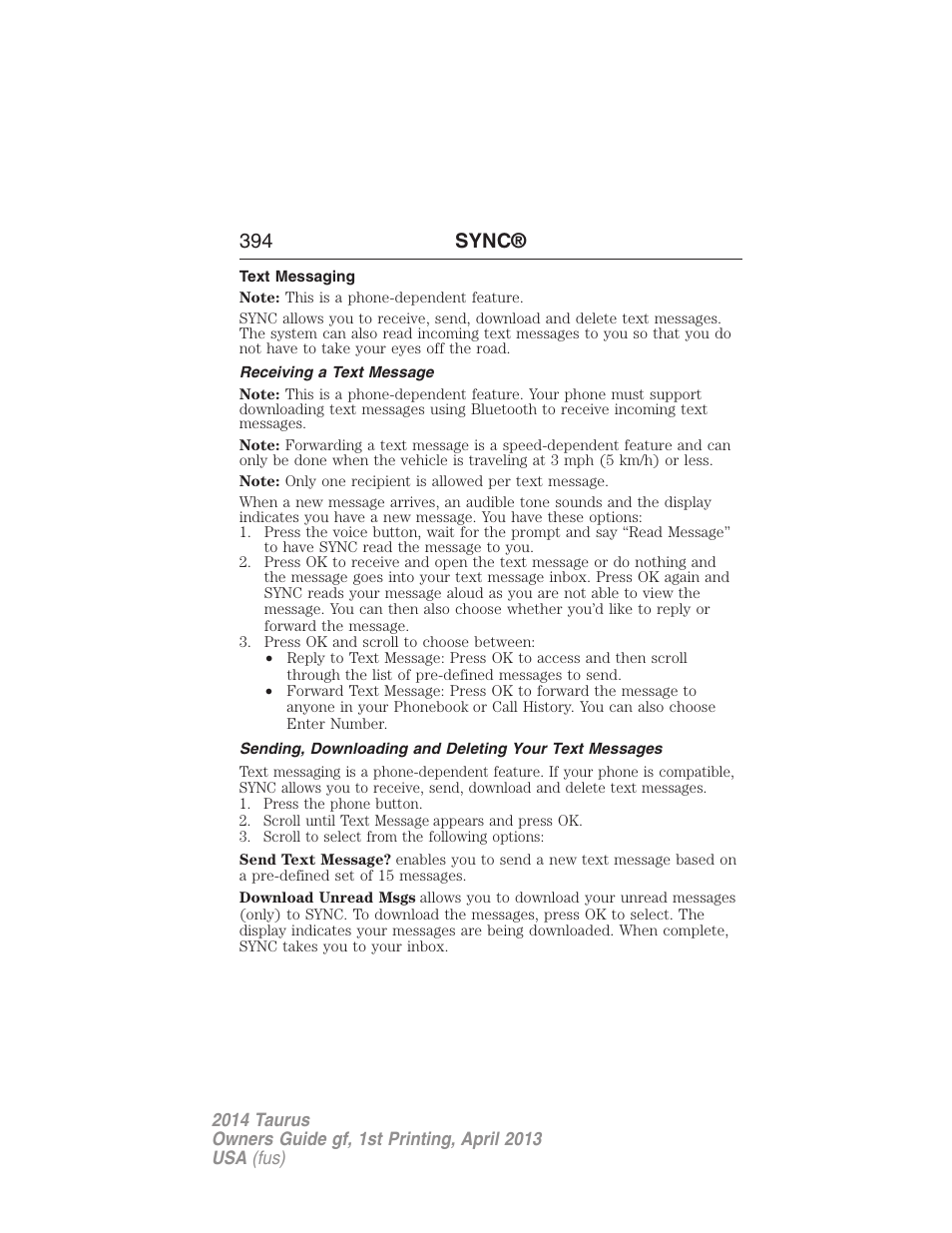 Text messaging, Receiving a text message, 394 sync | FORD 2014 Taurus v.1 User Manual | Page 395 / 550