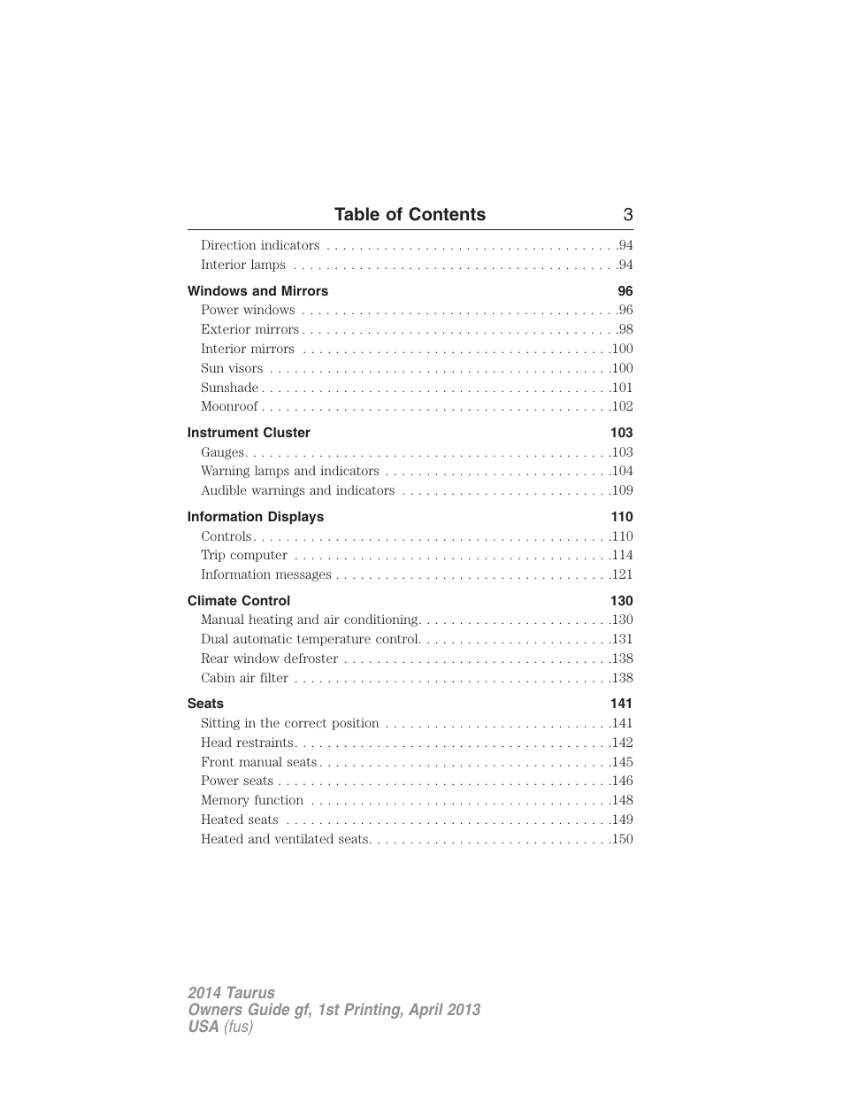 Table of contents 3 | FORD 2014 Taurus v.1 User Manual | Page 4 / 550