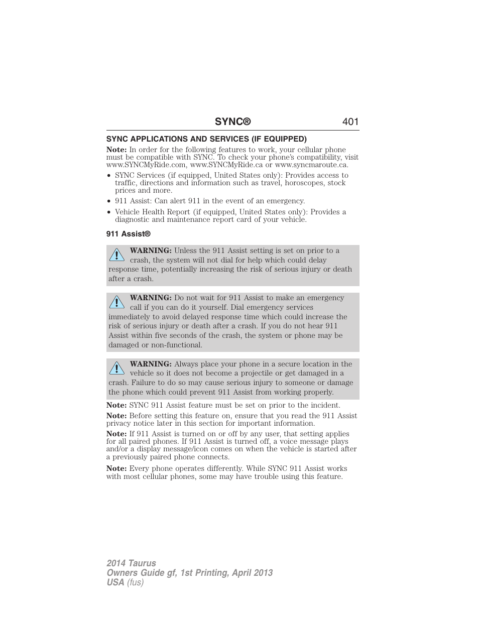 Sync applications and services (if equipped), 911 assist, Sync® 401 | FORD 2014 Taurus v.1 User Manual | Page 402 / 550