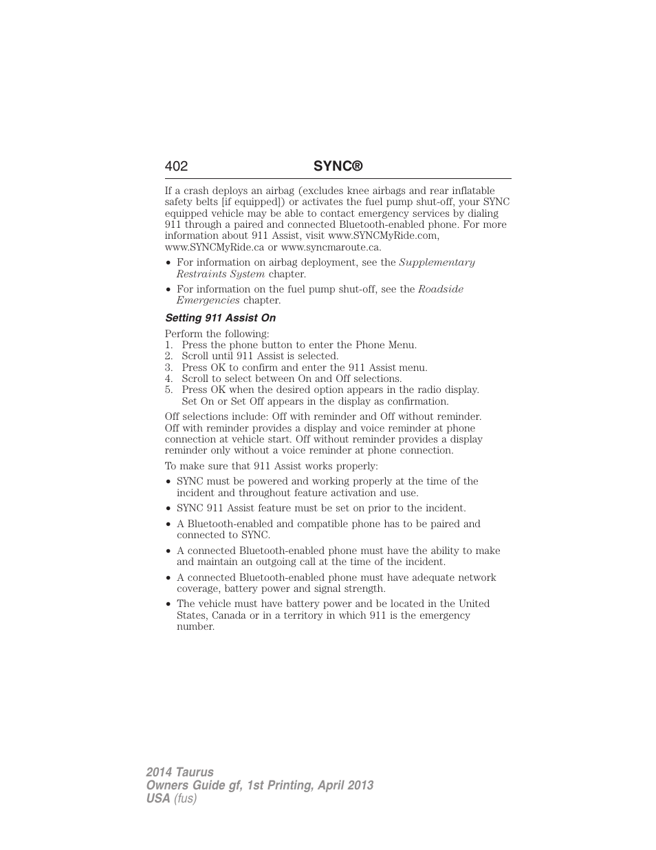 Setting 911 assist on, 402 sync | FORD 2014 Taurus v.1 User Manual | Page 403 / 550