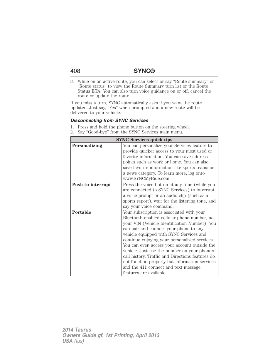 Disconnecting from sync services, 408 sync | FORD 2014 Taurus v.1 User Manual | Page 409 / 550