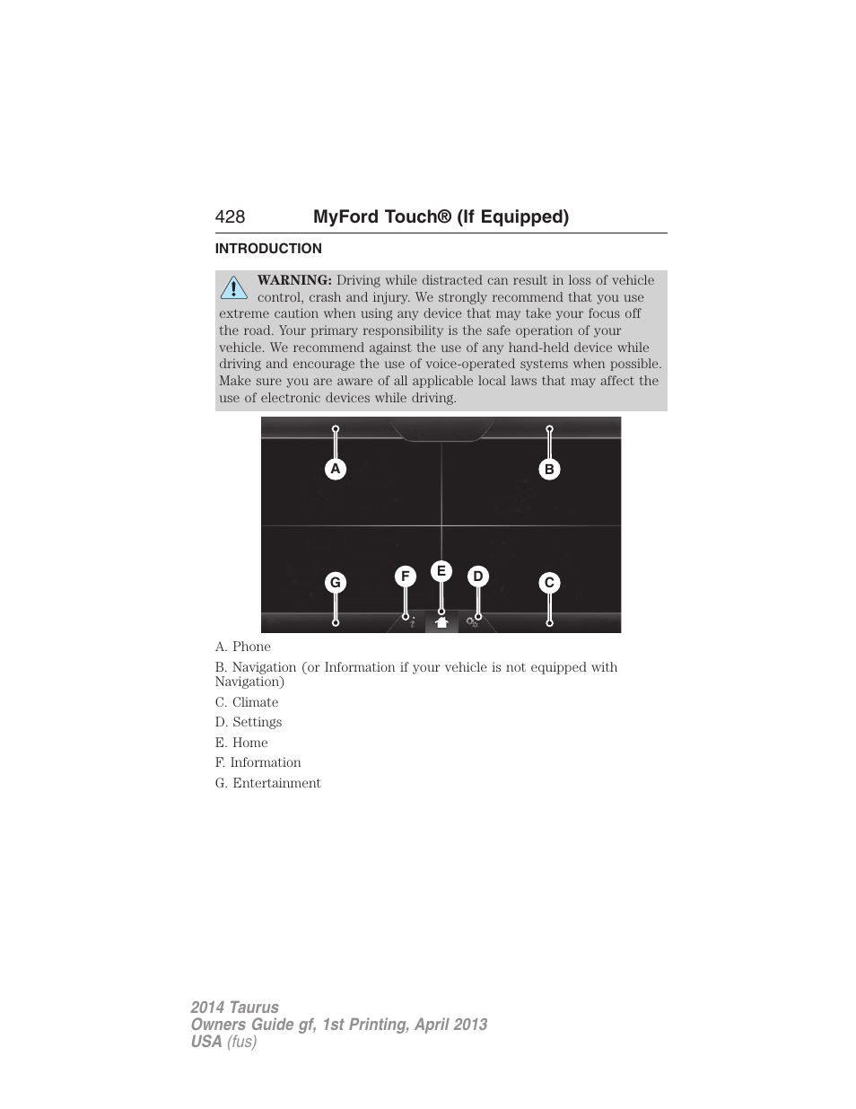 Myford touch® (if equipped), Introduction, 428 myford touch® (if equipped) | FORD 2014 Taurus v.1 User Manual | Page 429 / 550
