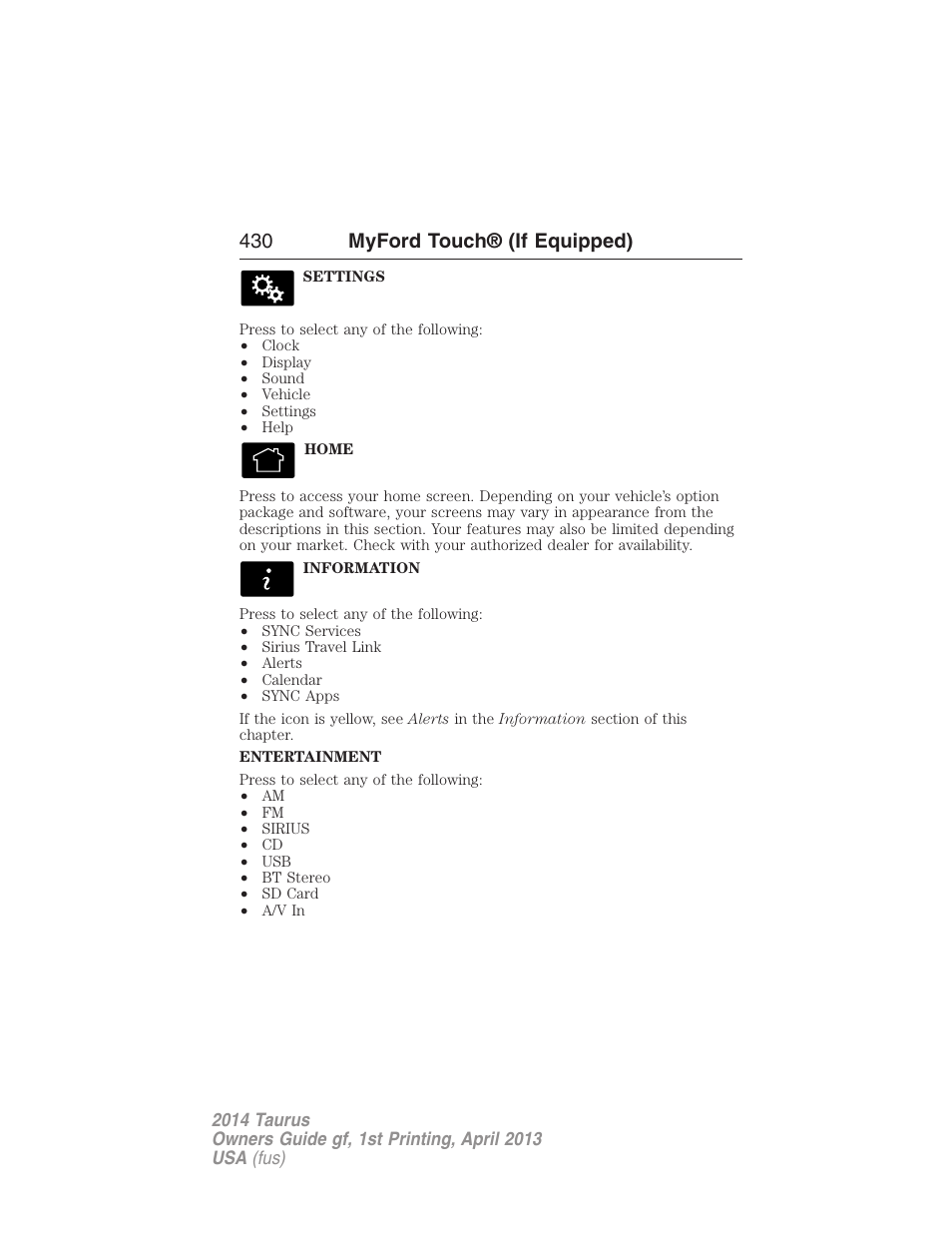 430 myford touch® (if equipped) | FORD 2014 Taurus v.1 User Manual | Page 431 / 550