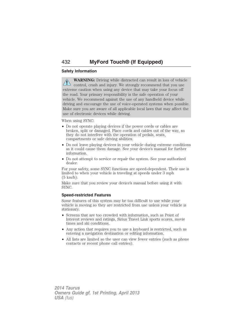 Safety information, Speed-restricted features, 432 myford touch® (if equipped) | FORD 2014 Taurus v.1 User Manual | Page 433 / 550