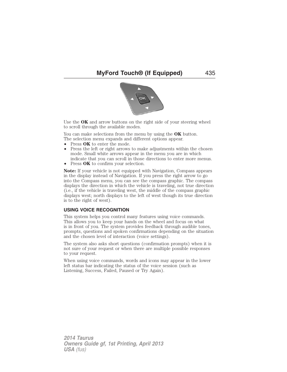 Using voice recognition, Voice recognition, Myford touch® (if equipped) 435 | FORD 2014 Taurus v.1 User Manual | Page 436 / 550