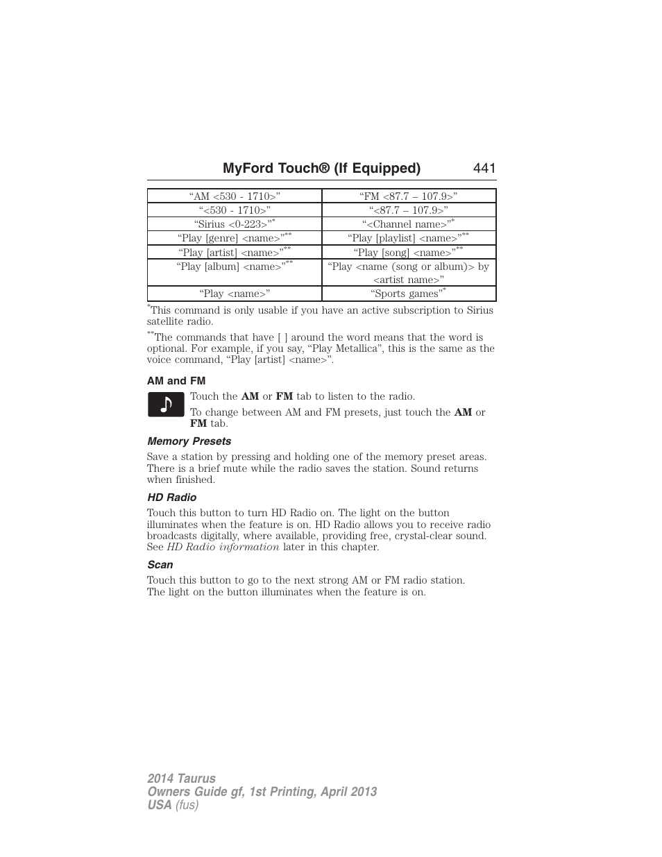 Am and fm, Memory presets, Hd radio | Scan, Myford touch® (if equipped) 441 | FORD 2014 Taurus v.1 User Manual | Page 442 / 550