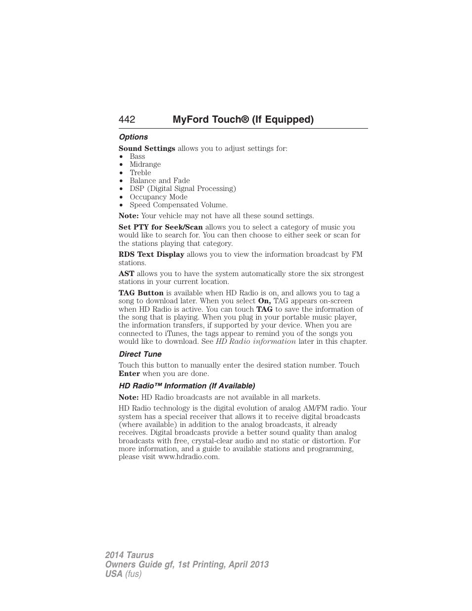 Options, Direct tune, Hd radio™ information (if available) | 442 myford touch® (if equipped) | FORD 2014 Taurus v.1 User Manual | Page 443 / 550