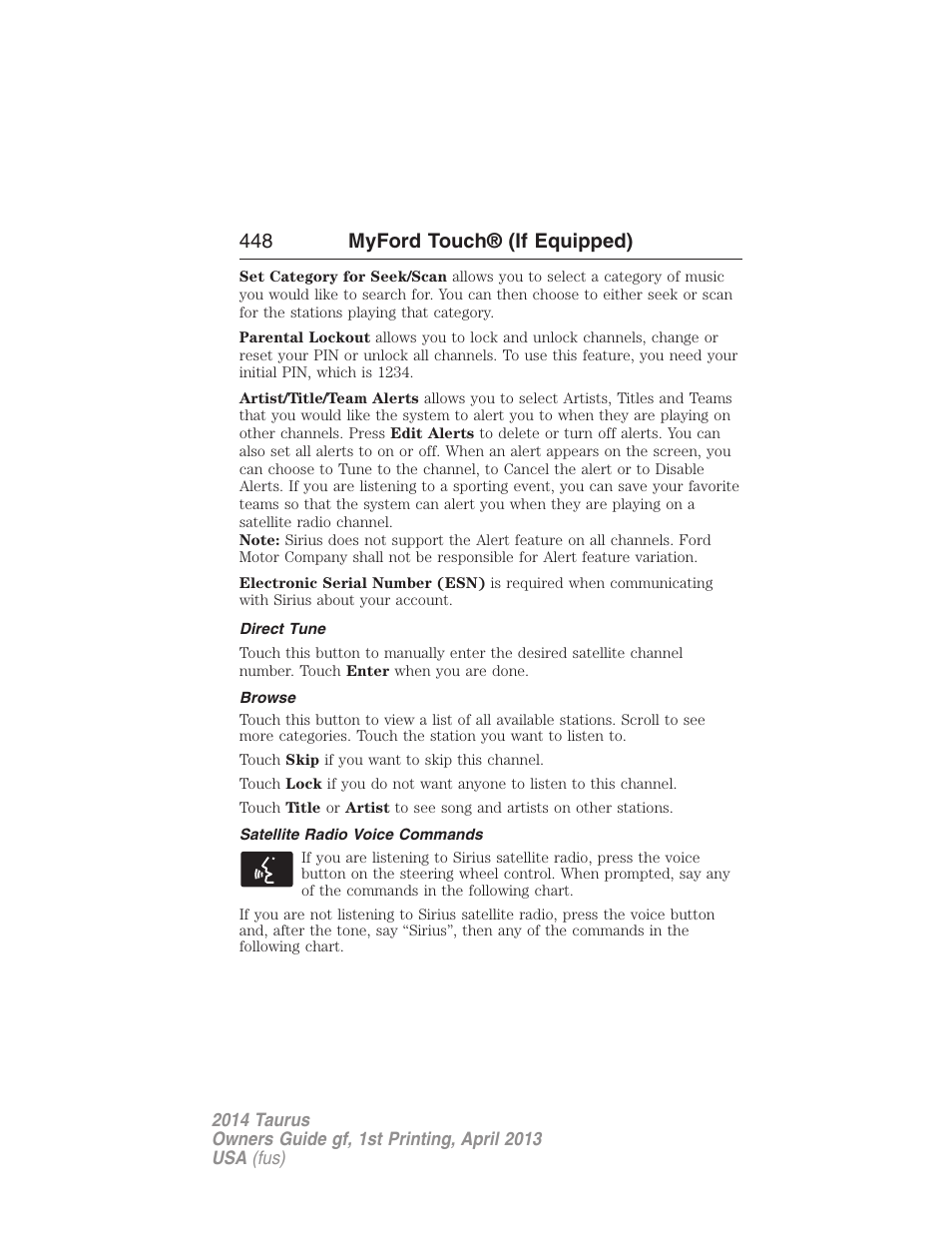 Direct tune, Browse, Satellite radio voice commands | 448 myford touch® (if equipped) | FORD 2014 Taurus v.1 User Manual | Page 449 / 550