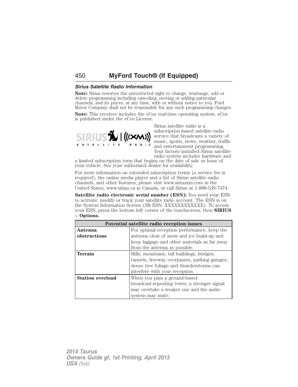 Sirius satellite radio information, 450 myford touch® (if equipped) | FORD 2014 Taurus v.1 User Manual | Page 451 / 550