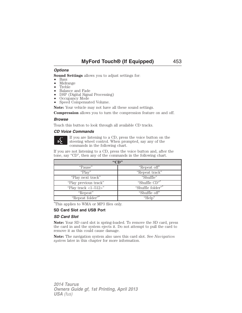 Options, Browse, Cd voice commands | Sd card slot and usb port, Sd card slot, Myford touch® (if equipped) 453 | FORD 2014 Taurus v.1 User Manual | Page 454 / 550