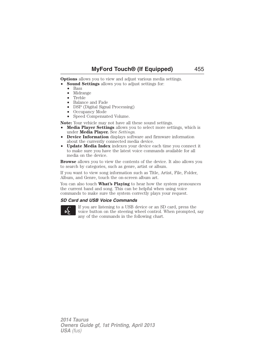 Sd card and usb voice commands, Myford touch® (if equipped) 455 | FORD 2014 Taurus v.1 User Manual | Page 456 / 550