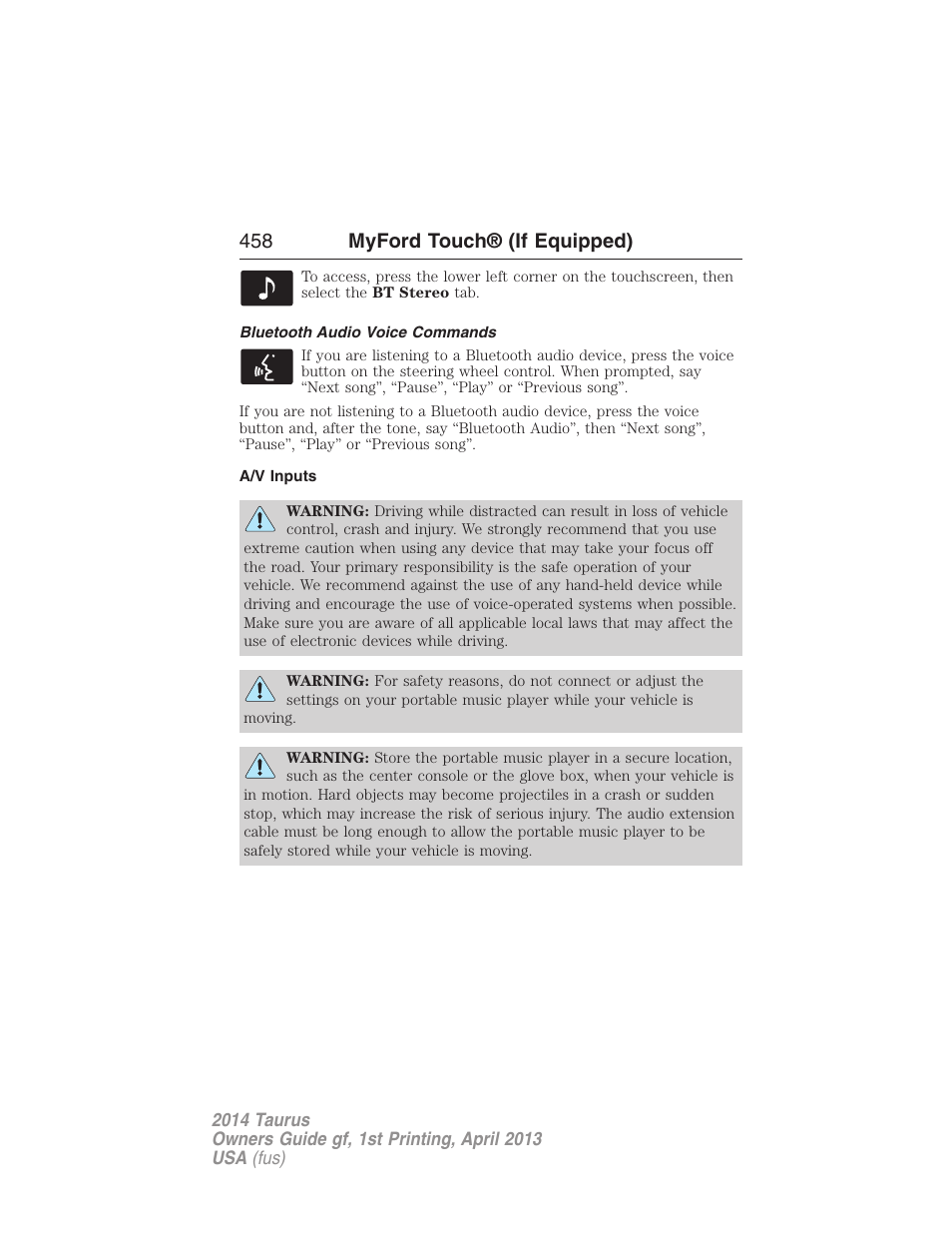 Bluetooth audio voice commands, A/v inputs, 458 myford touch® (if equipped) | FORD 2014 Taurus v.1 User Manual | Page 459 / 550