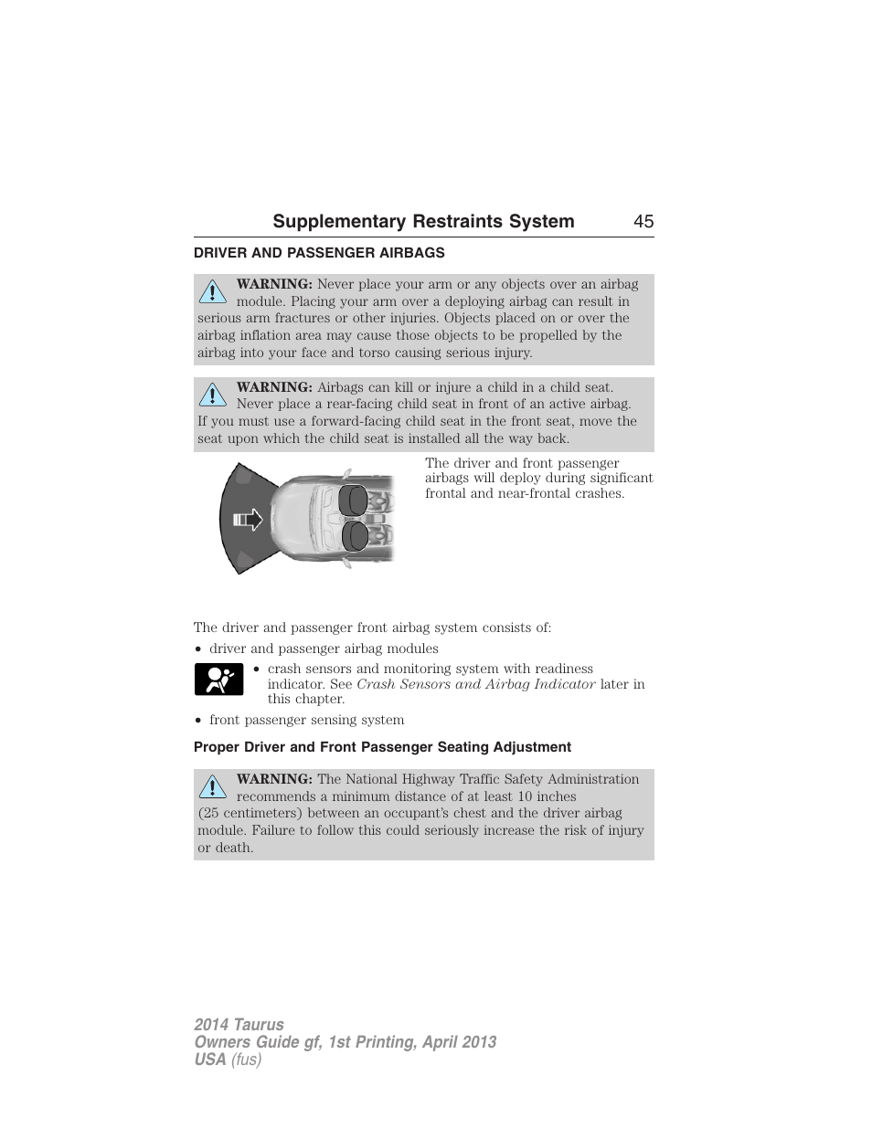 Driver and passenger airbags, Supplementary restraints system 45 | FORD 2014 Taurus v.1 User Manual | Page 46 / 550