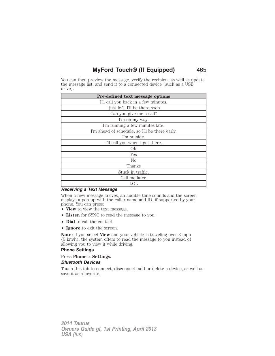 Receiving a text message, Phone settings, Bluetooth devices | Myford touch® (if equipped) 465 | FORD 2014 Taurus v.1 User Manual | Page 466 / 550