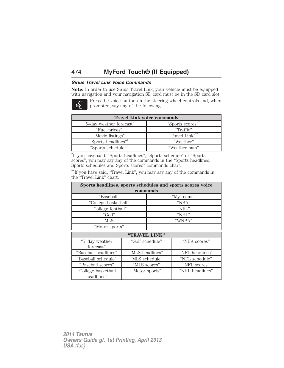 Sirius travel link voice commands, 474 myford touch® (if equipped) | FORD 2014 Taurus v.1 User Manual | Page 475 / 550