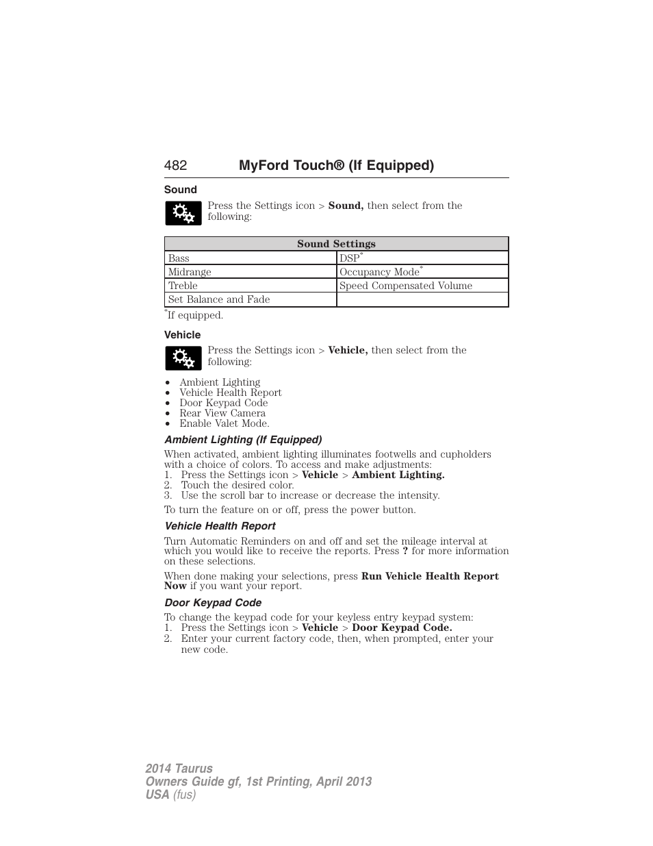 Sound, Vehicle, Ambient lighting (if equipped) | Vehicle health report, Door keypad code, 482 myford touch® (if equipped) | FORD 2014 Taurus v.1 User Manual | Page 483 / 550