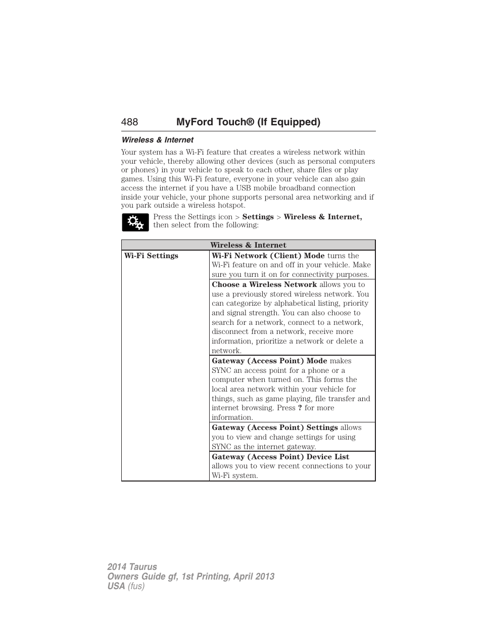 Wireless & internet, 488 myford touch® (if equipped) | FORD 2014 Taurus v.1 User Manual | Page 489 / 550