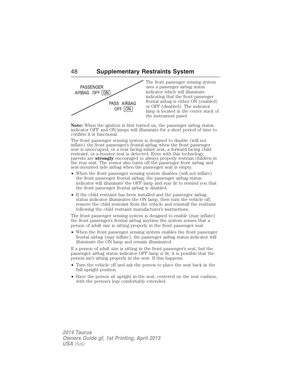 48 supplementary restraints system | FORD 2014 Taurus v.1 User Manual | Page 49 / 550