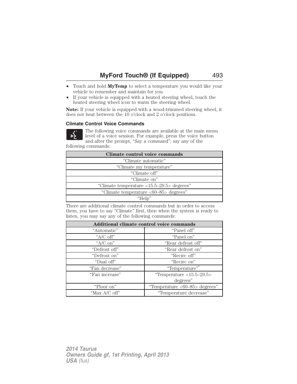 Climate control voice commands, Myford touch® (if equipped) 493 | FORD 2014 Taurus v.1 User Manual | Page 494 / 550