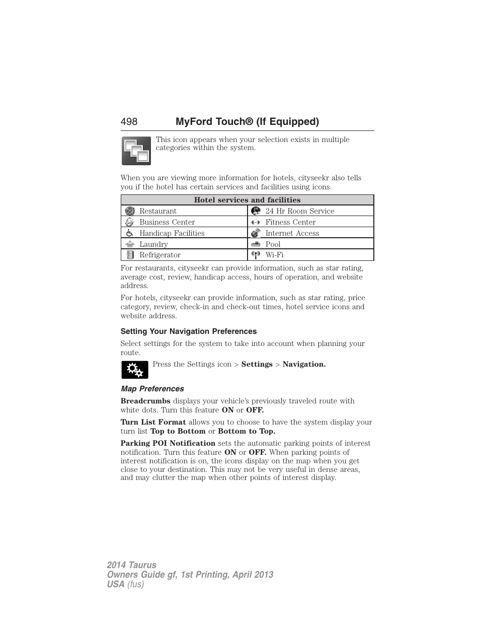 Setting your navigation preferences, Map preferences, 498 myford touch® (if equipped) | FORD 2014 Taurus v.1 User Manual | Page 499 / 550