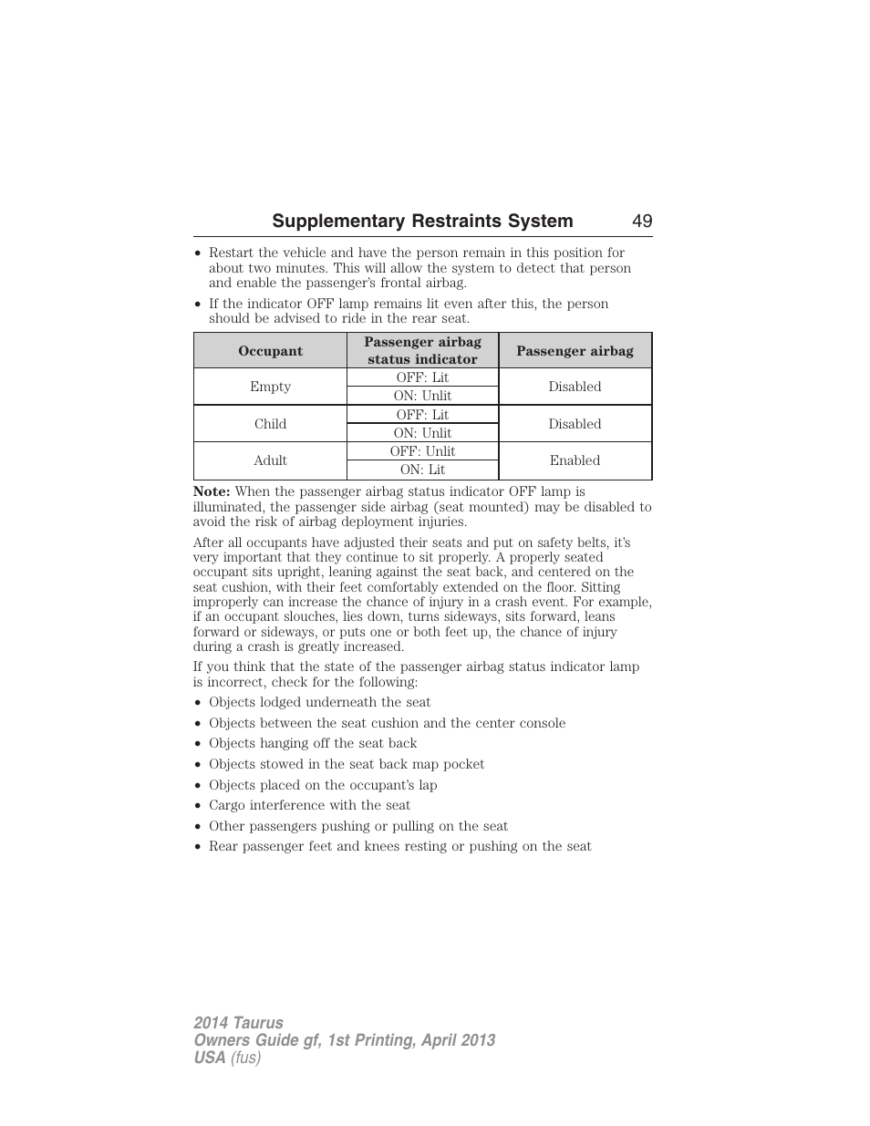 Supplementary restraints system 49 | FORD 2014 Taurus v.1 User Manual | Page 50 / 550