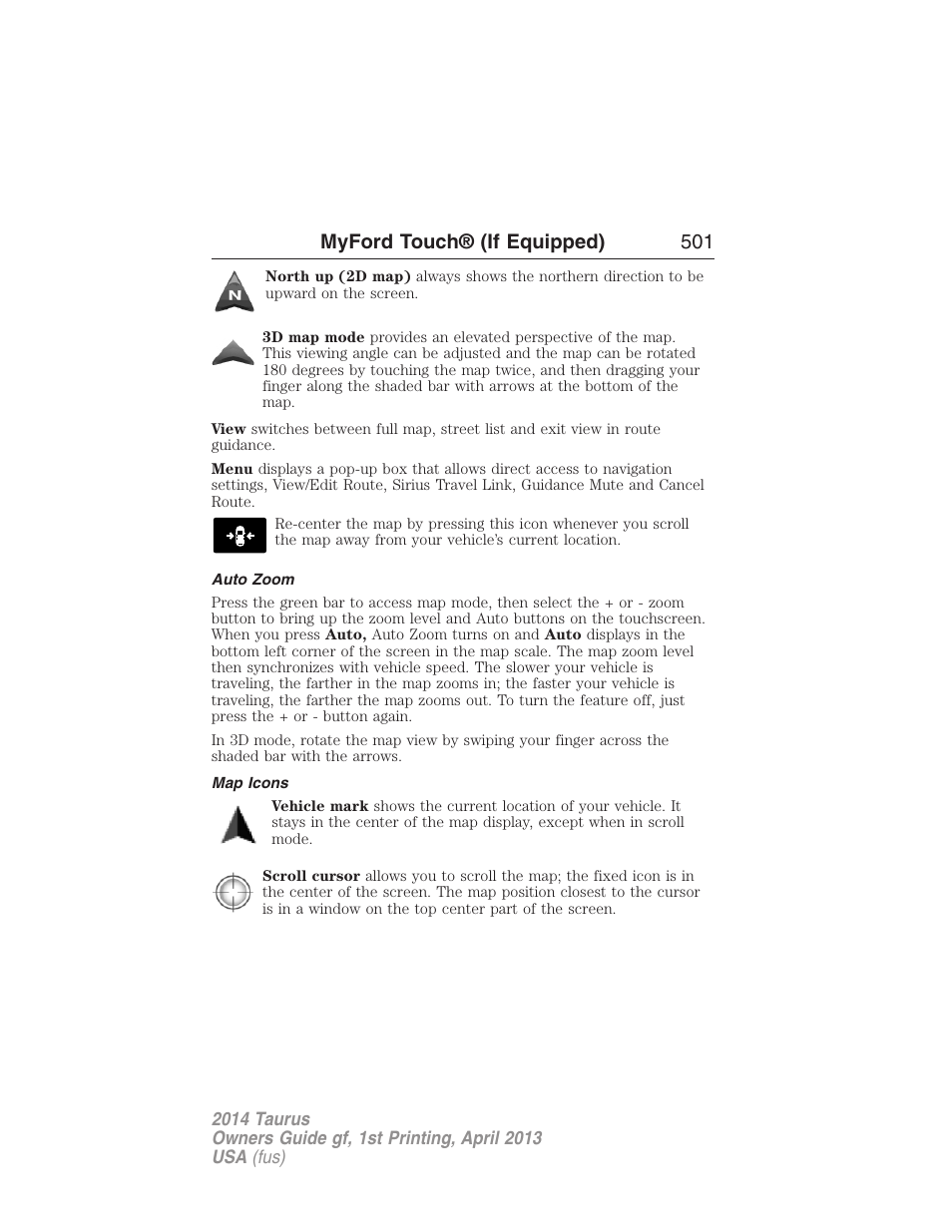 Auto zoom, Map icons, Myford touch® (if equipped) 501 | FORD 2014 Taurus v.1 User Manual | Page 502 / 550