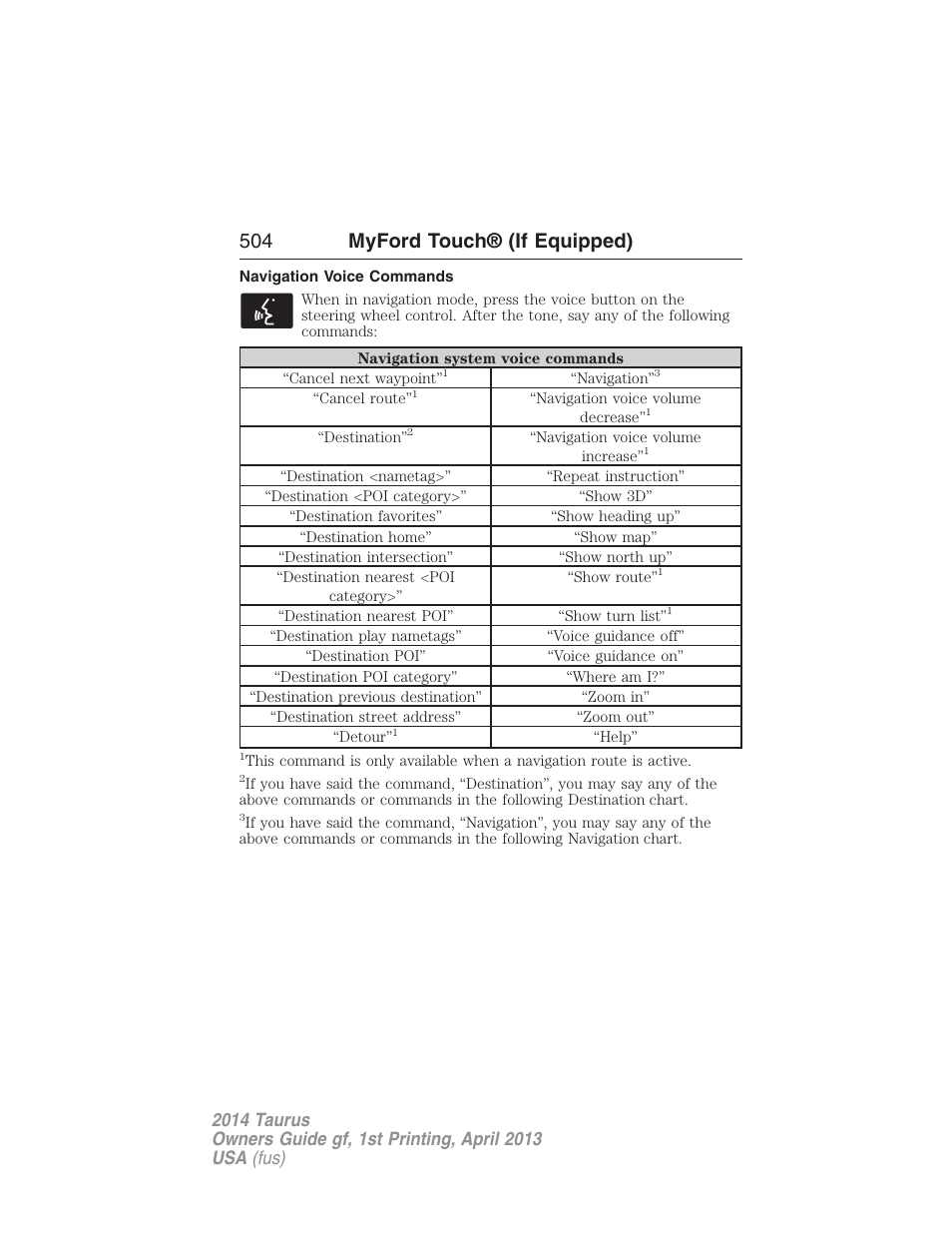 Navigation voice commands, 504 myford touch® (if equipped) | FORD 2014 Taurus v.1 User Manual | Page 505 / 550
