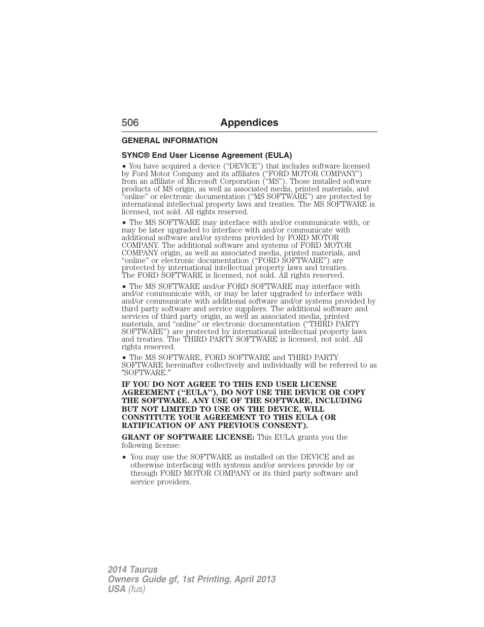 Appendices, General information, Sync® end user license agreement (eula) | 506 appendices | FORD 2014 Taurus v.1 User Manual | Page 507 / 550