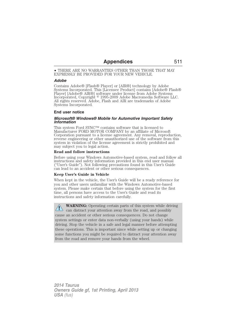 Adobe, End user notice, Appendices 511 | FORD 2014 Taurus v.1 User Manual | Page 512 / 550