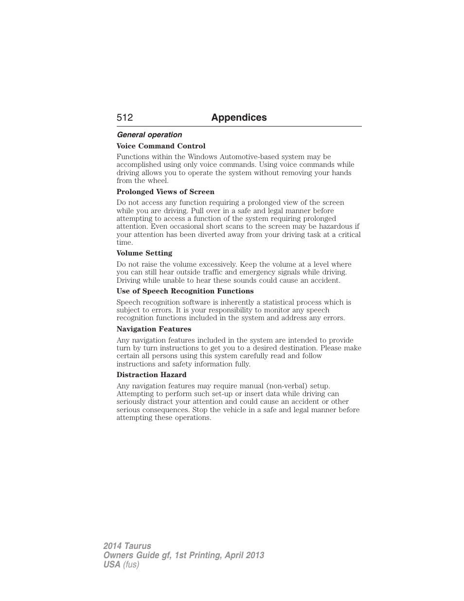 General operation, 512 appendices | FORD 2014 Taurus v.1 User Manual | Page 513 / 550