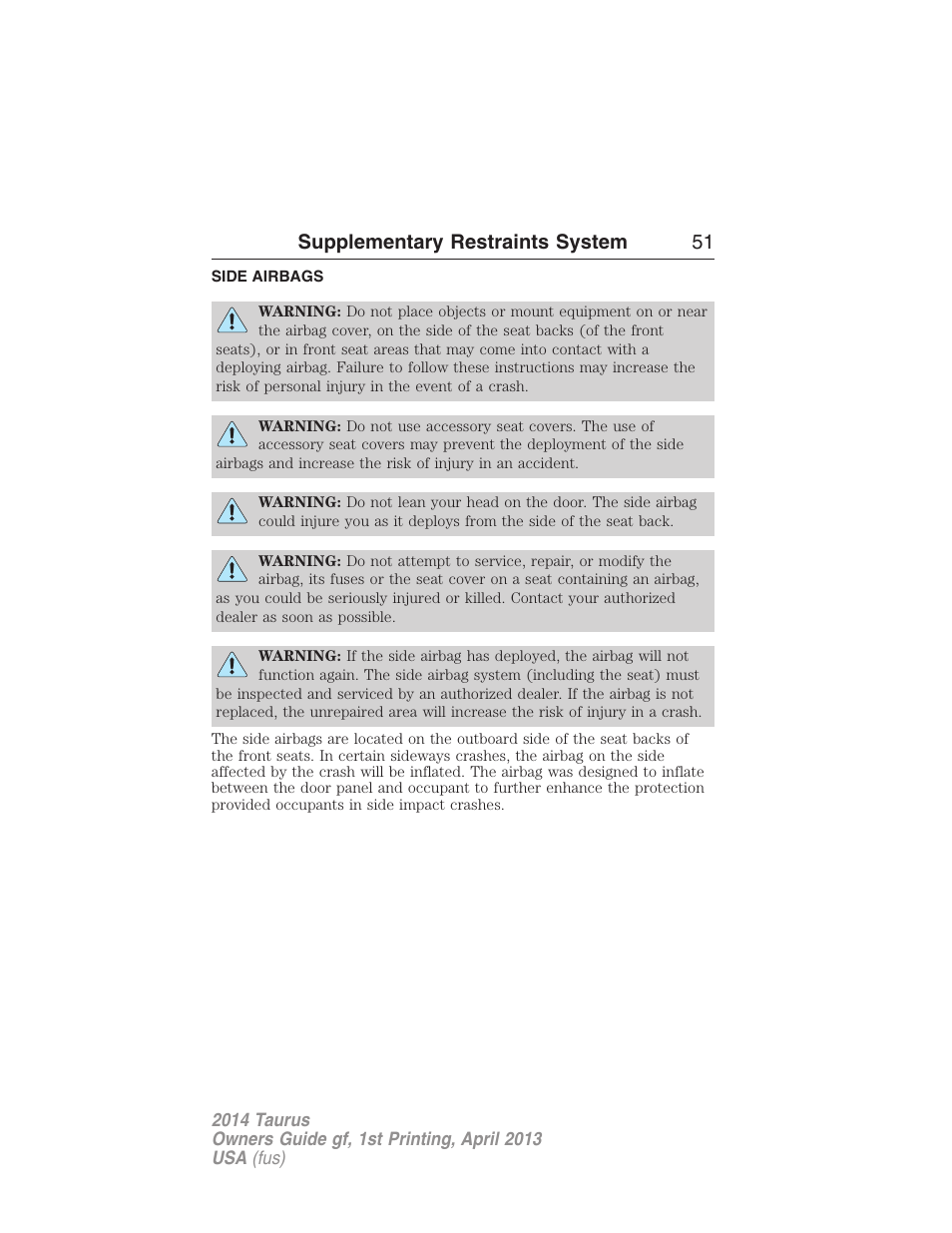 Side airbags, Supplementary restraints system 51 | FORD 2014 Taurus v.1 User Manual | Page 52 / 550