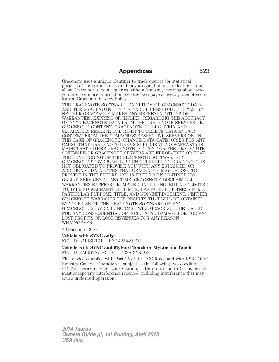 Appendices 523 | FORD 2014 Taurus v.1 User Manual | Page 524 / 550