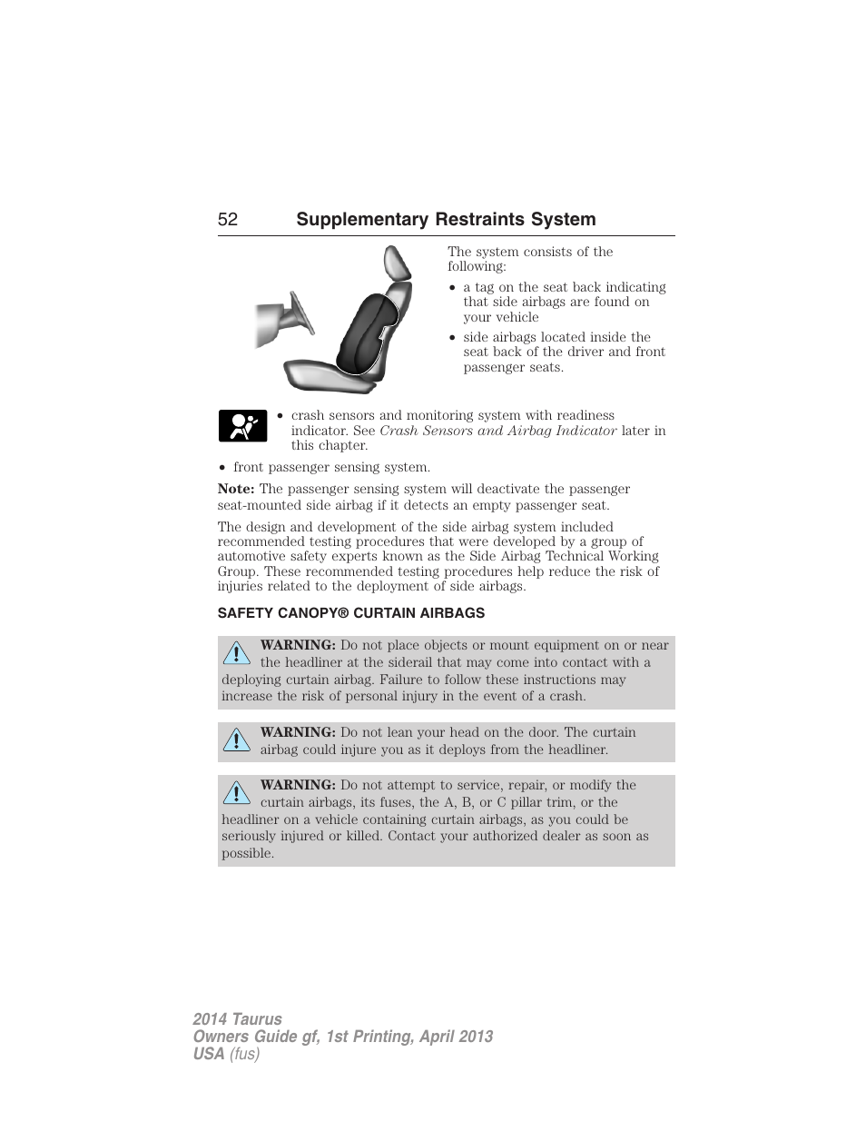 Safety canopy® curtain airbags, Safety canopy curtain airbags, 52 supplementary restraints system | FORD 2014 Taurus v.1 User Manual | Page 53 / 550