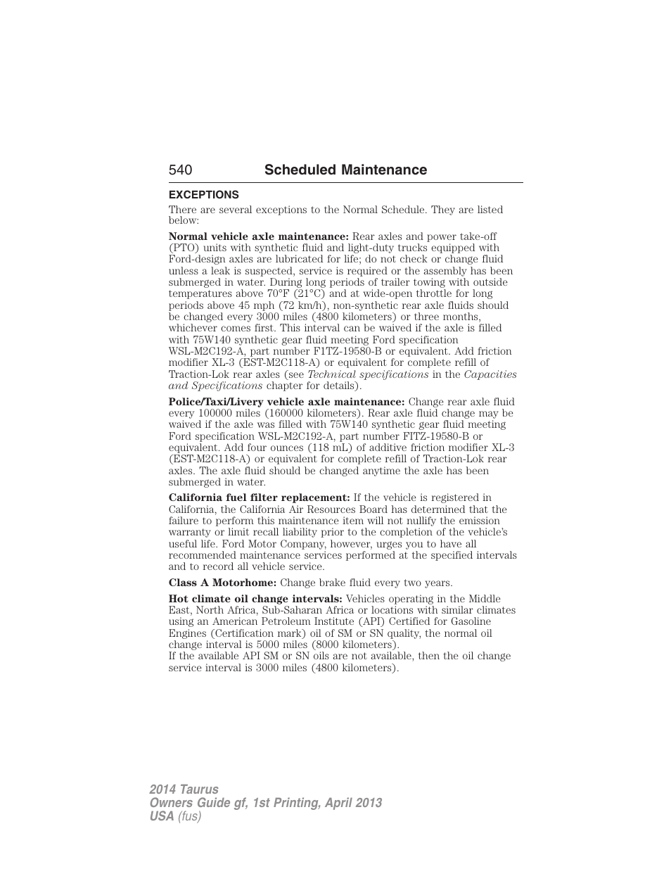 Exceptions, 540 scheduled maintenance | FORD 2014 Taurus v.1 User Manual | Page 541 / 550