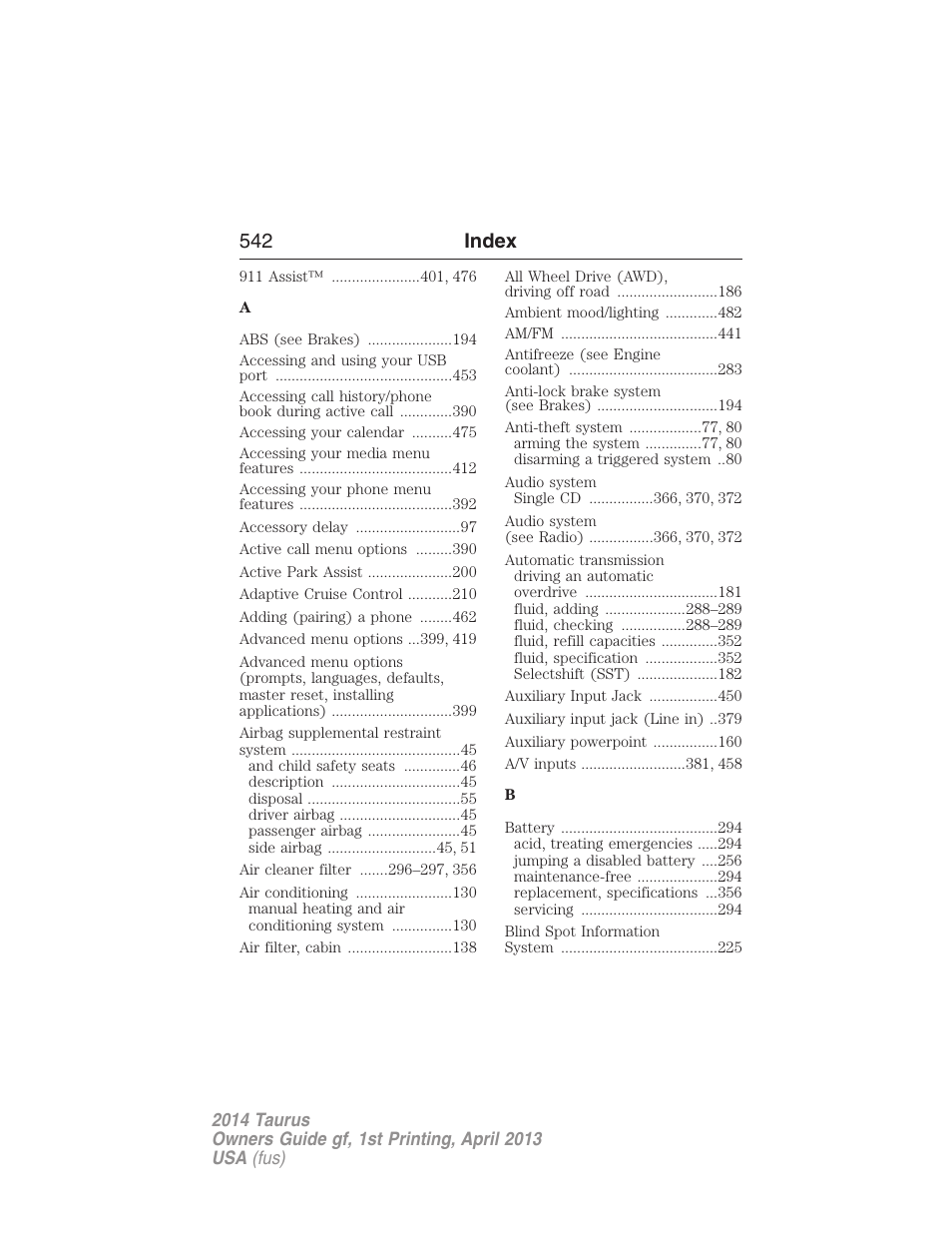 Index, 542 index | FORD 2014 Taurus v.1 User Manual | Page 543 / 550