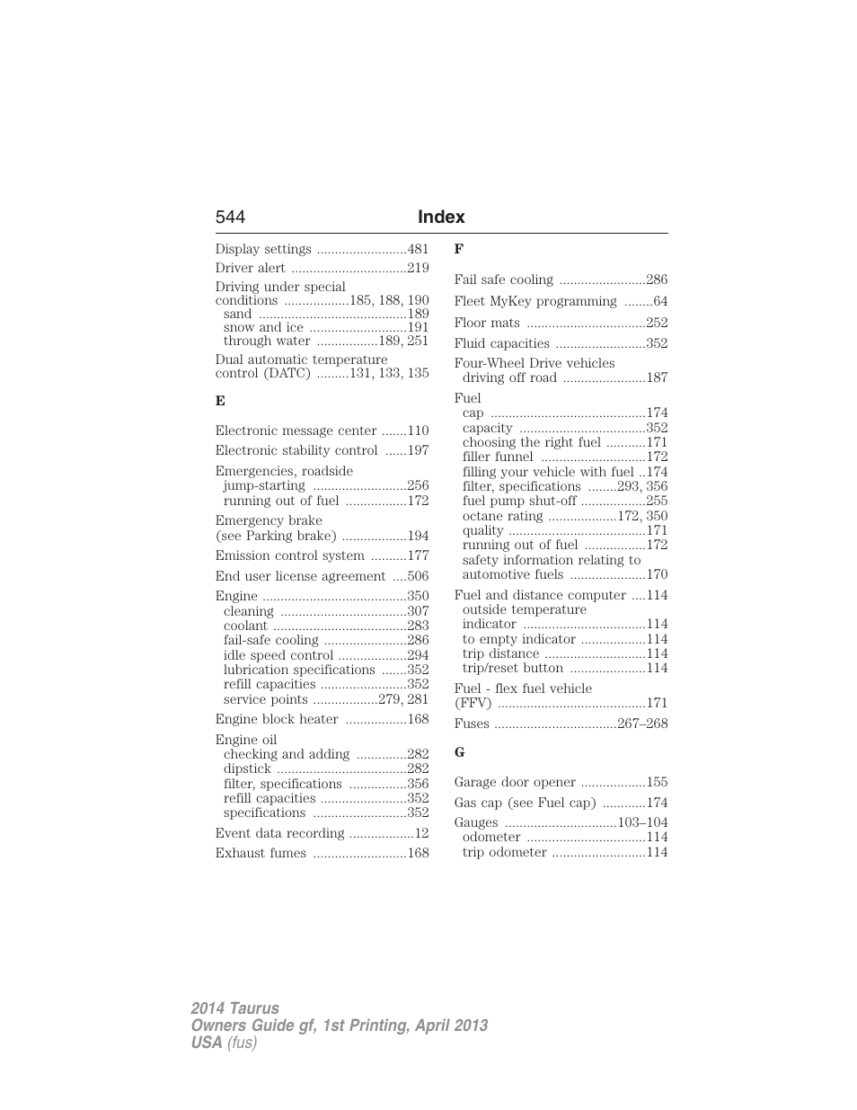 544 index | FORD 2014 Taurus v.1 User Manual | Page 545 / 550